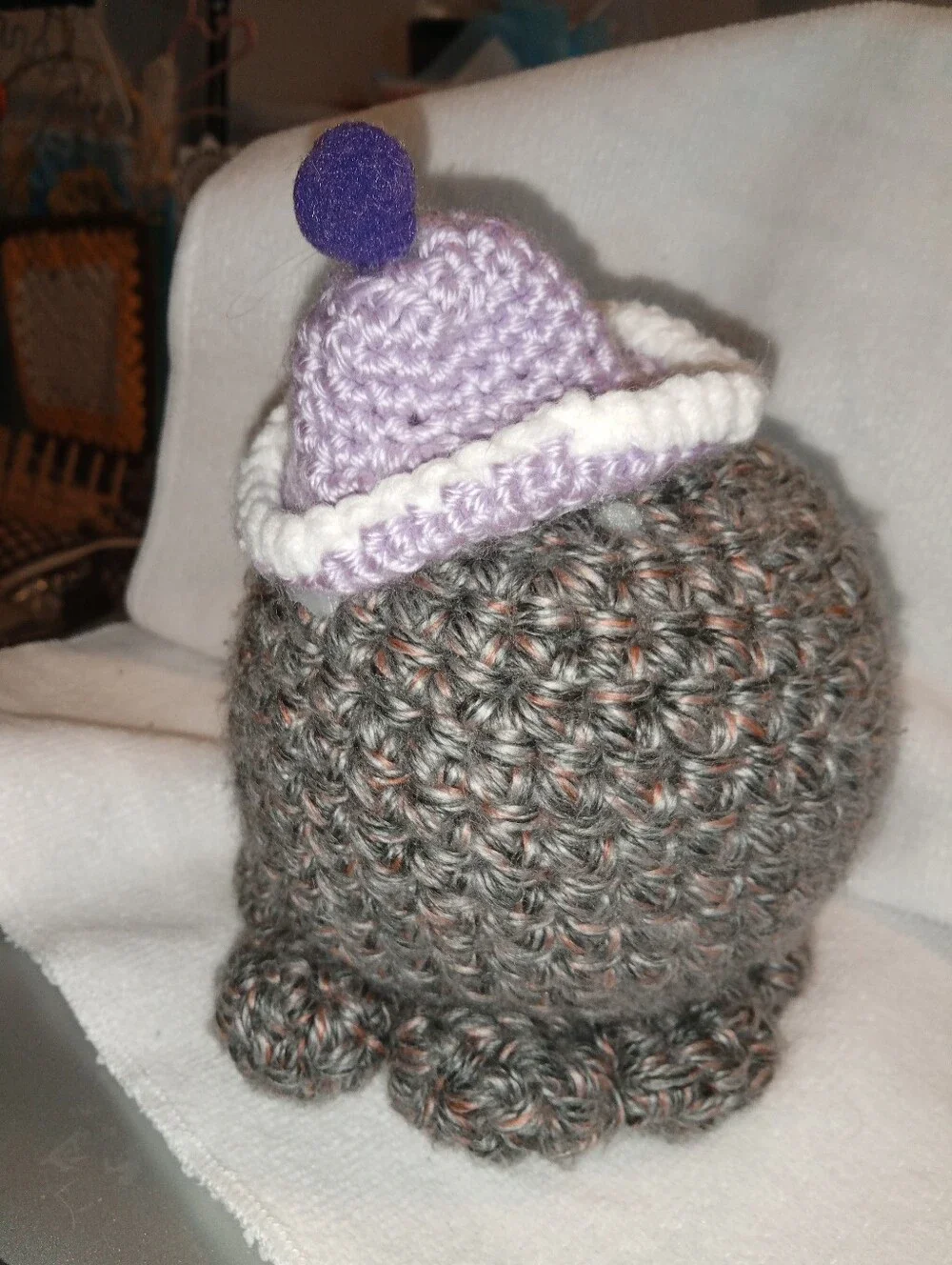 Handcrafted Gray Crochet Octopus Plush with Purple Hat Amigurumi